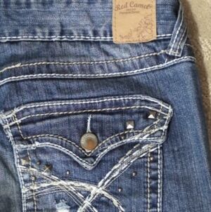 Red Camel Denim Jeans Size 9 Inseam 30” Blue Distressed Boot Cut Button Pockets